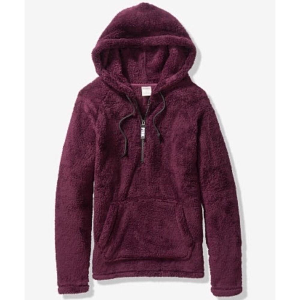 Victoria’s Secret PINK Hooded Half Zip Sherpa Pullover Size Medium Plum Pocket